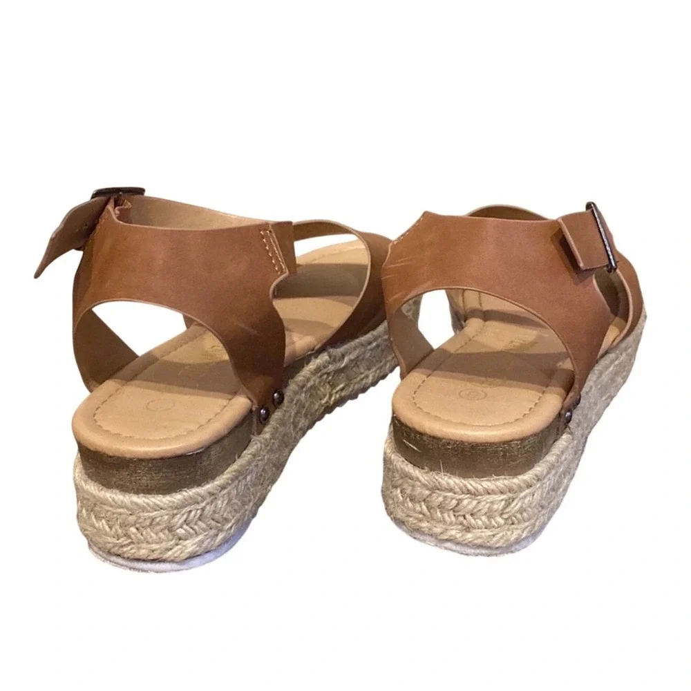Penny Sue Womens Tan Brown Espadrille Platform Sandals Ankle Strap Buckle Size 8